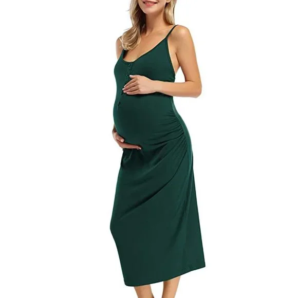 dark green maternity bridesmaid dress Forest Green Lace Mesh Overlay Maternity Maxi Dress – PinkBlush main image 1